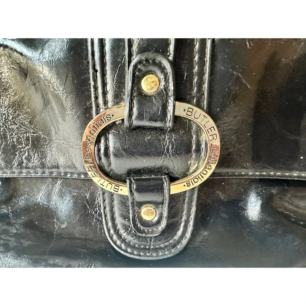 Butler Essentials Black Faux Leather Satchel Handbag Gold Tone Hardware Charm